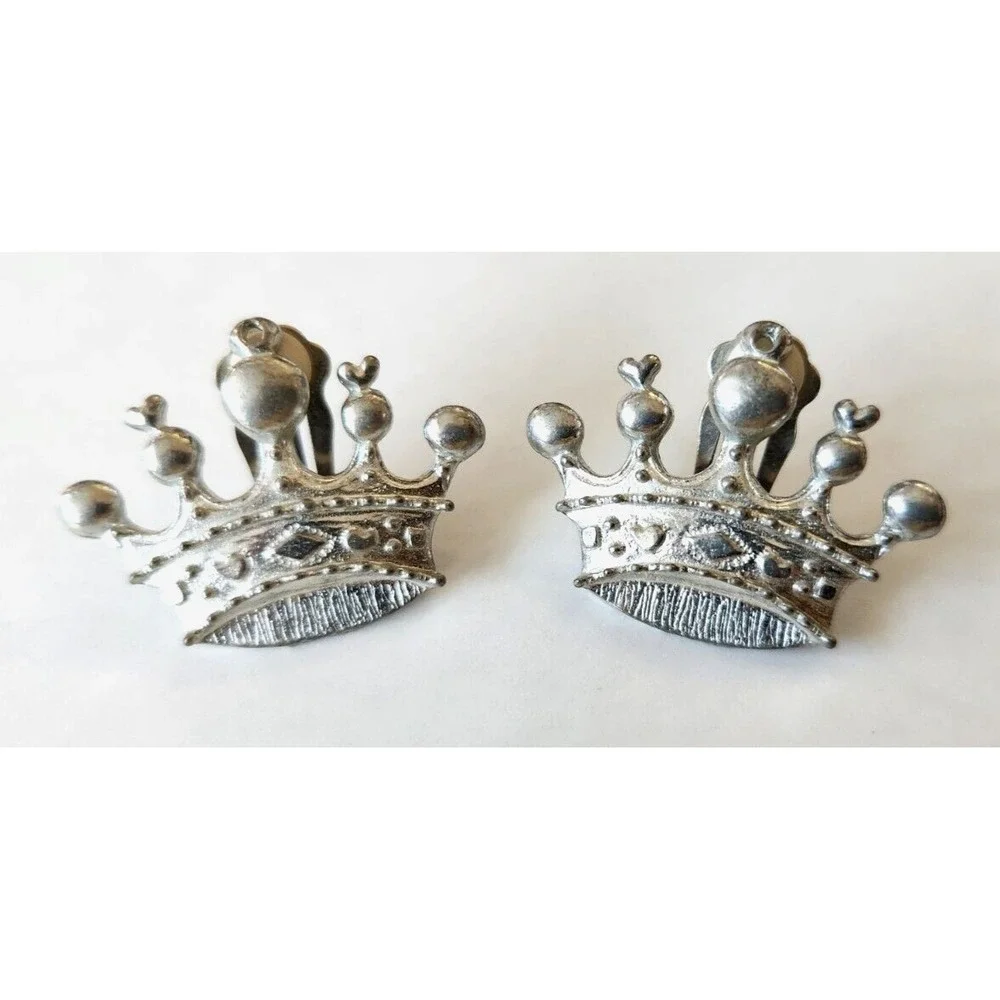 Maurice Milleur signed Crown Clip Earrings Pewter 1992 New Orleans